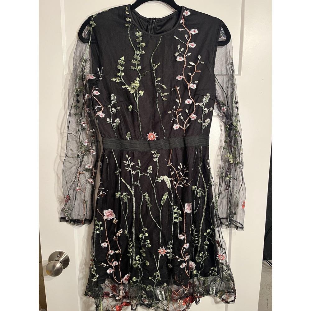 Women's Black Floral Embroidered Mesh Long Sleeve Dress Size L Sheer Party